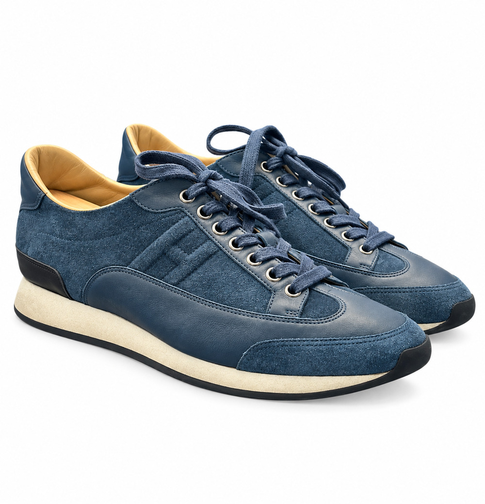 Hermes Men's Goal Sneakers Size 42 US 9 Blue Suede Leather Low Top Shoes